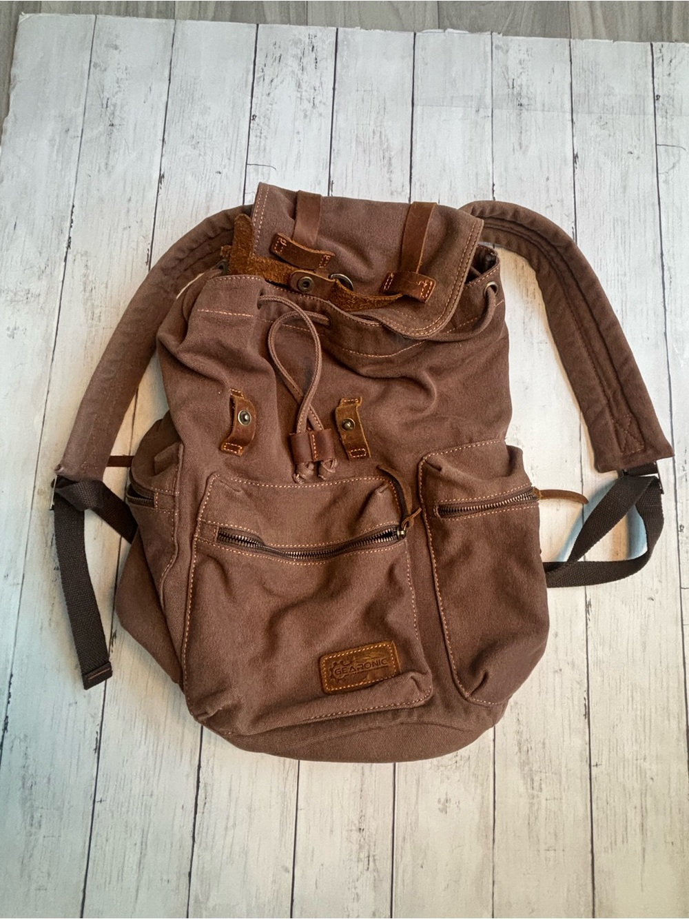 Gearonic Vintage Brown Canvas Drawstring Backpack with Front Pockets